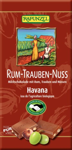 MLIEČNA ČOKOLÁDA S HROZENKAMI, RUMOM A LÍSKOVÝMI ORIEŠKAMI FAIR TRADE BIO