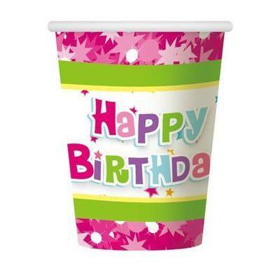 Papierové taniere Happy Birthday (ružové) 18 cm, 6 ks.