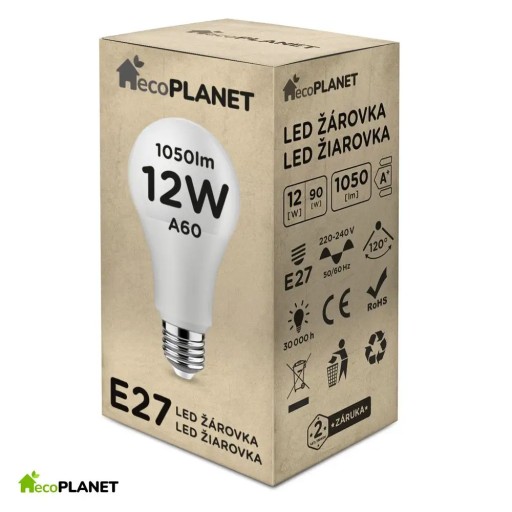 LED žiarovka E27 A60 12W 1050lm Cold Color 6000K CW ecoPLANET