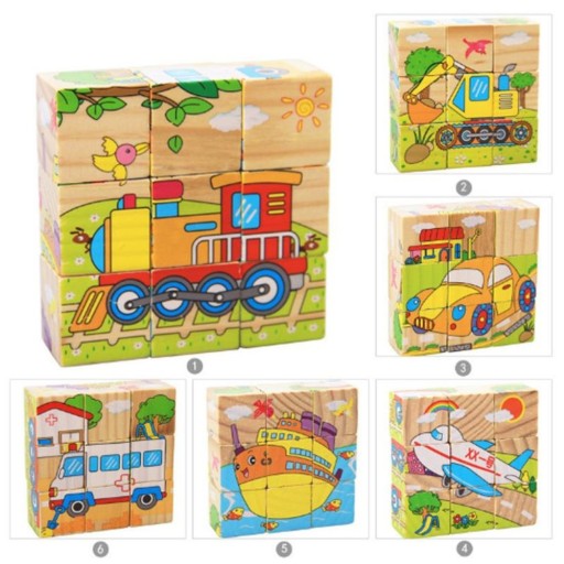 Drevené kocky náučné logické puzzle pre deti Vozidlá 9