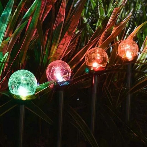 LED solárne svietidlo, vsadená GUĽA, prasknuté RGB sklo, satén (priemer 8 cm) POLUX