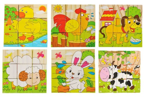 Náučné drevené kocky, logické puzzle pre deti, Farma, 9 prvkov