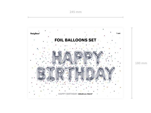 Strieborné narodeninové balóny s nápisom Happy Birthday na narodeninovú girlandu
