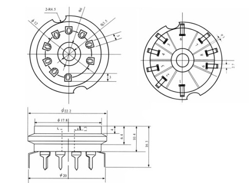 ZÁSUVKA KERAMICKÁ 9PINOVÁ PCB8 NOVAL 12AX7 12AT7