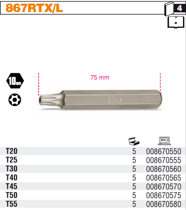 BIT 10MM DLHÝ TORX KEY BETA BITS 867RTX/L T45